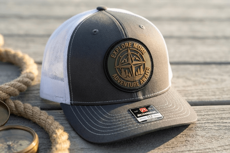 Charcoal and White Trucker Hat with Custom PVC 'Explore More' Compass Patch
