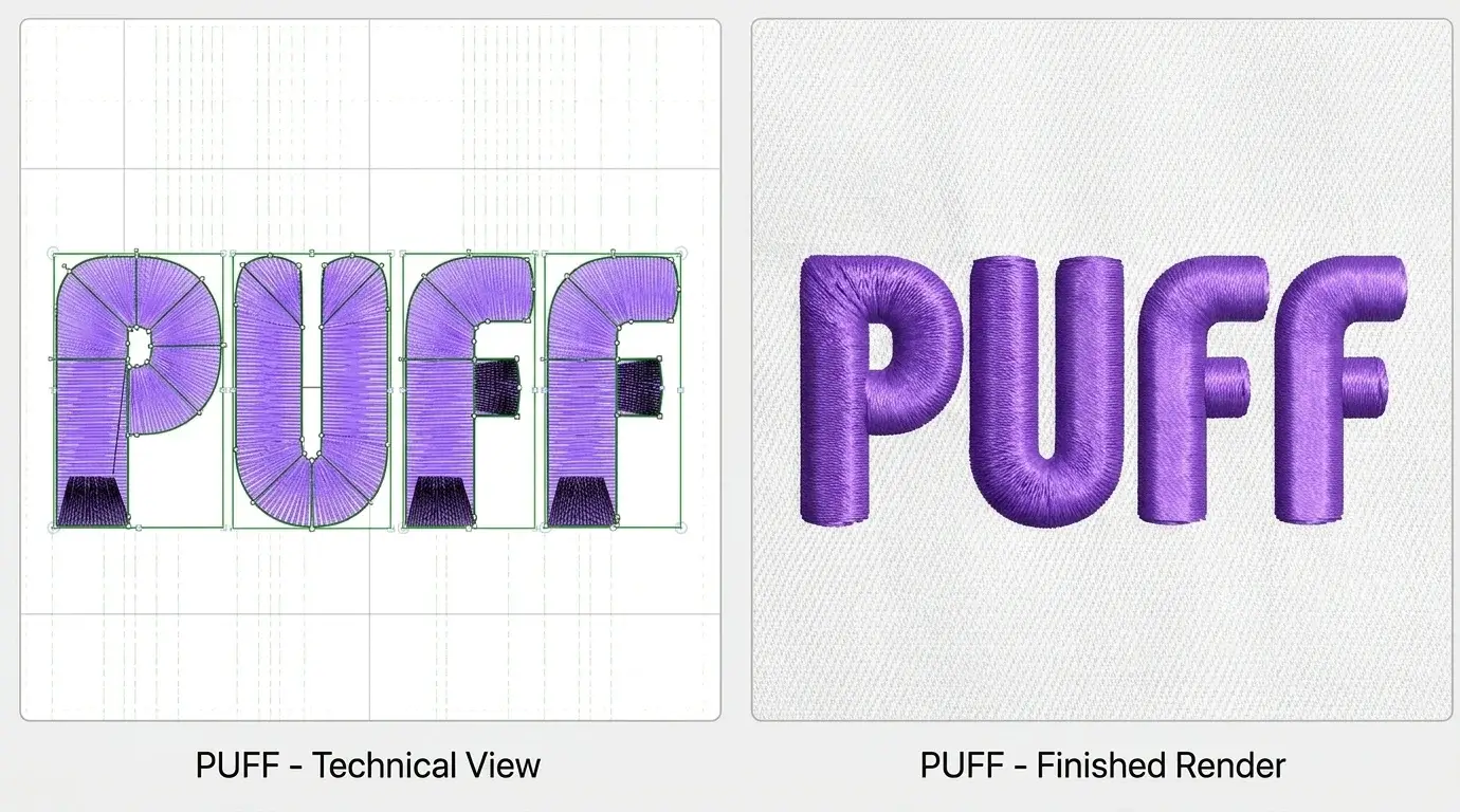 Technical and finished puff embroidery comparison.